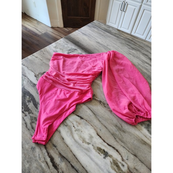 Hello Molly Tops - Hello Molly Pink One Shoulder Ruched Mesh Puff Sleeve Bodysuit US 6 M